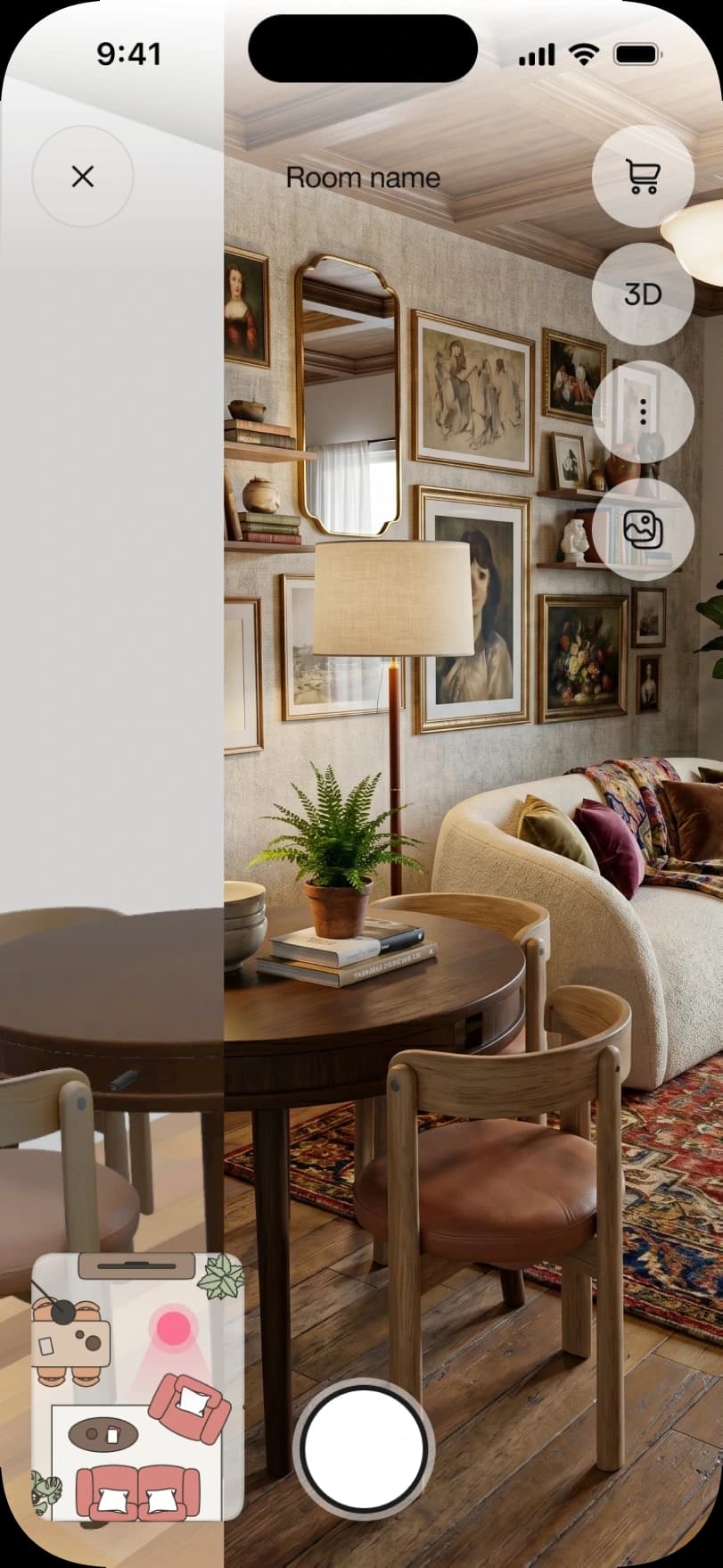 Elephantroom app showing a room in VR alongside its AI render